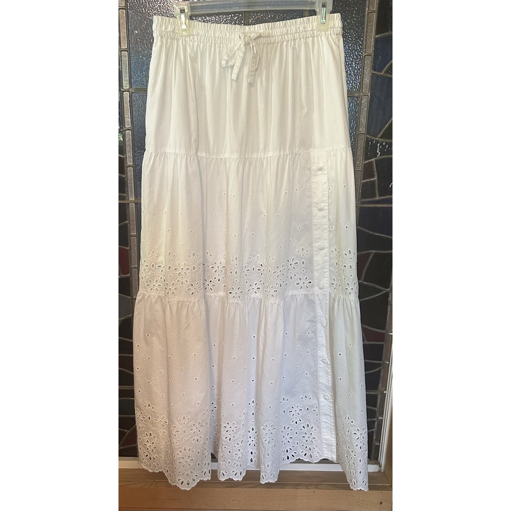 Coach White Tiered Maxi Long Skirt Eyelet Cotton Elastic Waist Sz 8 Side Buttons